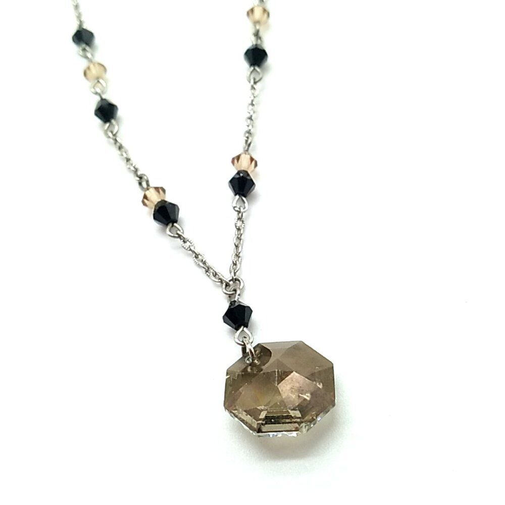 Silver-tone Beaded and Round Crystal Faceted Glass Pendant Necklace